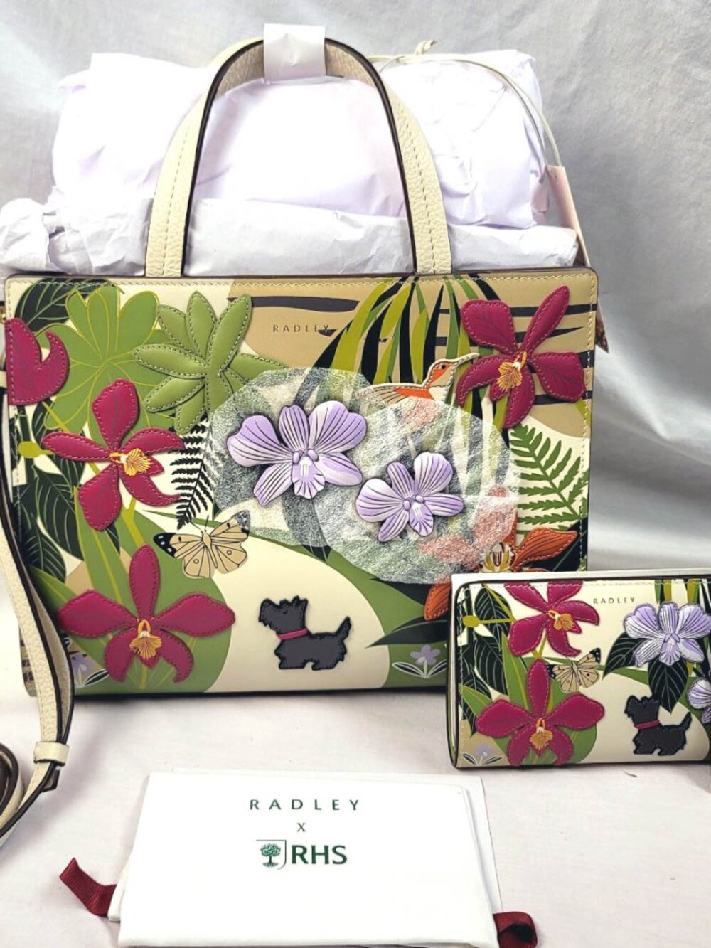 2 pc. RADLEY LONDON RHS ORCHID THEME LIMITED ED. SHOULDER BAG/PURSE-WALLET SET